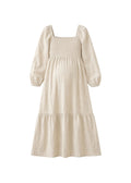 Long-Sleeve Smocked-Bodice Midi Dress in Linen
