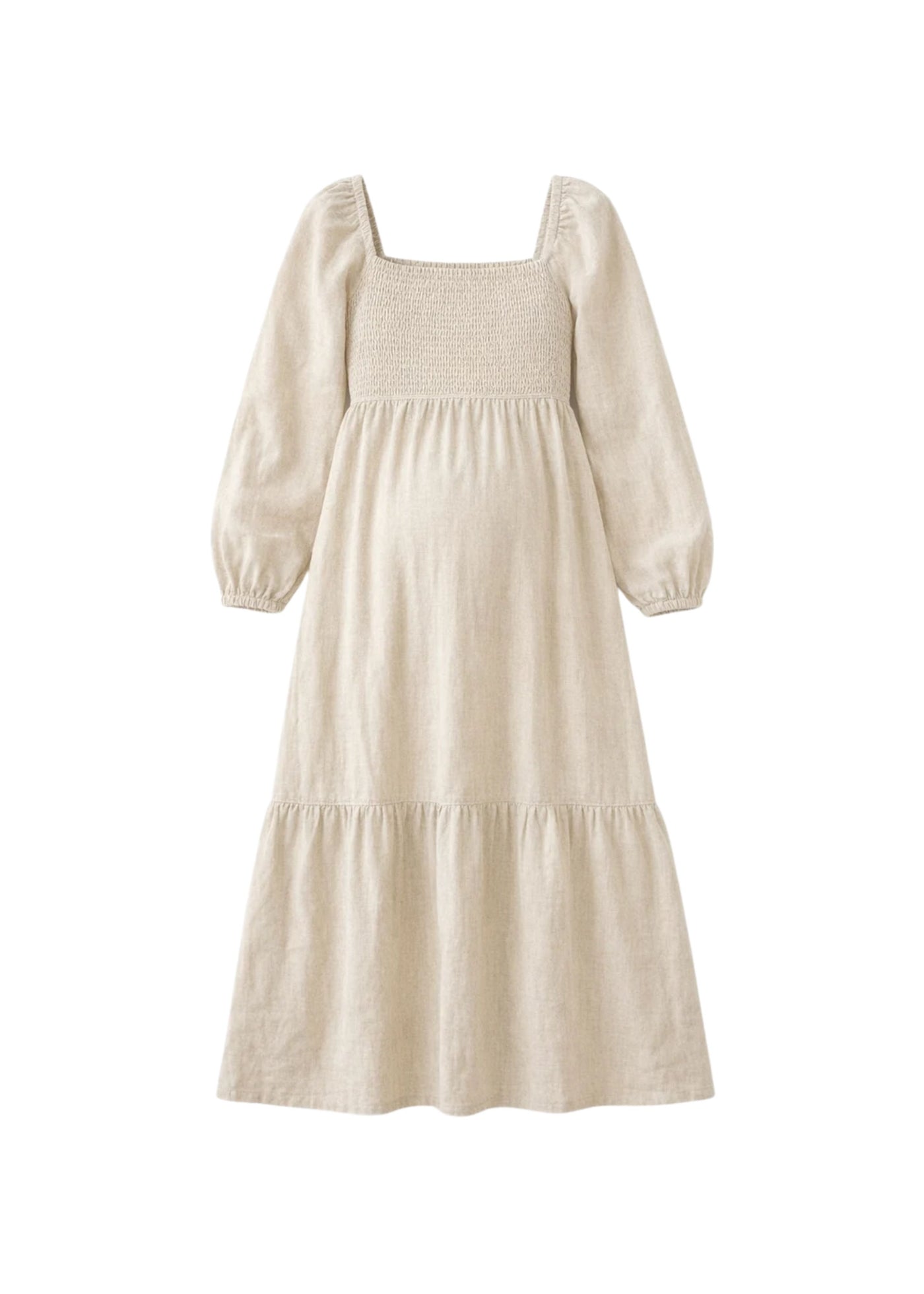 Long-Sleeve Smocked-Bodice Midi Dress in Linen