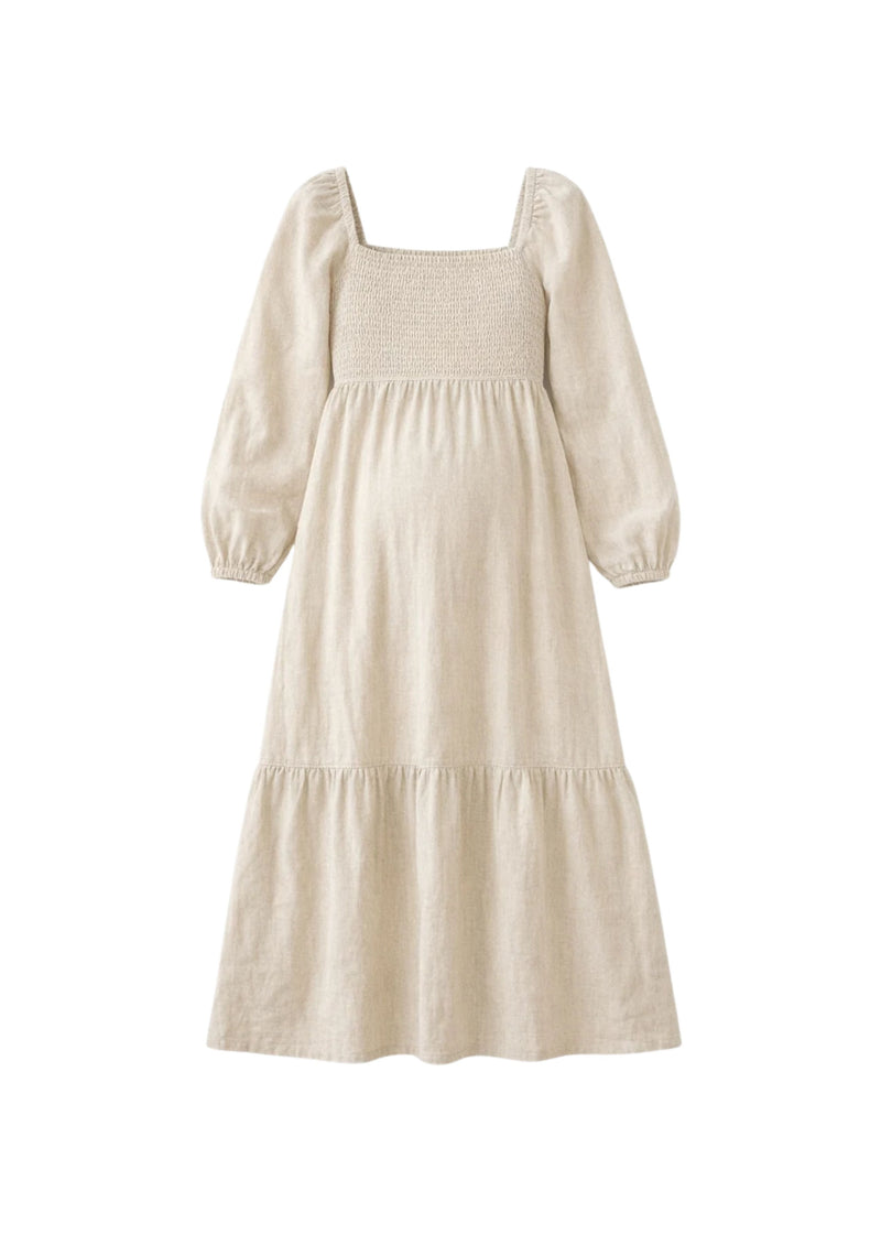 Long-Sleeve Smocked-Bodice Midi Dress in Linen