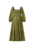 Long-Sleeve Smocked-Bodice Midi Dress in Linen