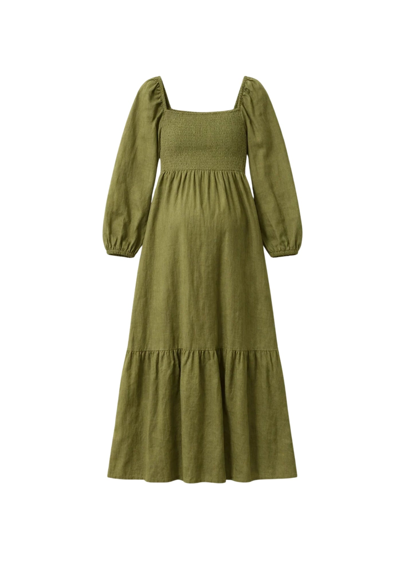 Long-Sleeve Smocked-Bodice Midi Dress in Linen