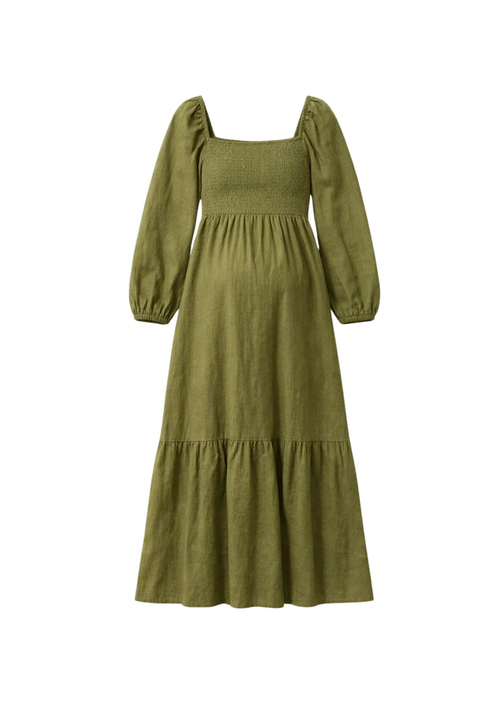 Long-Sleeve Smocked-Bodice Midi Dress in Linen