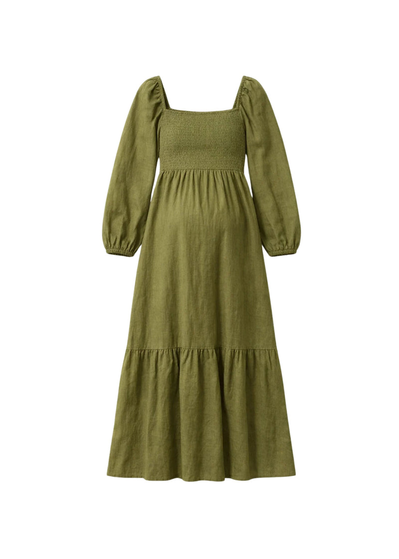 Long-Sleeve Smocked-Bodice Midi Dress in Linen