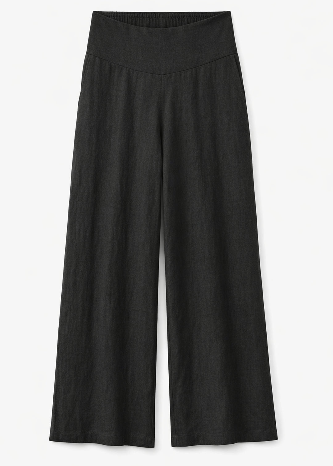 Wide-Leg Shirred-Back Pull-On Linen Trousers in Linen in Black — flat lay