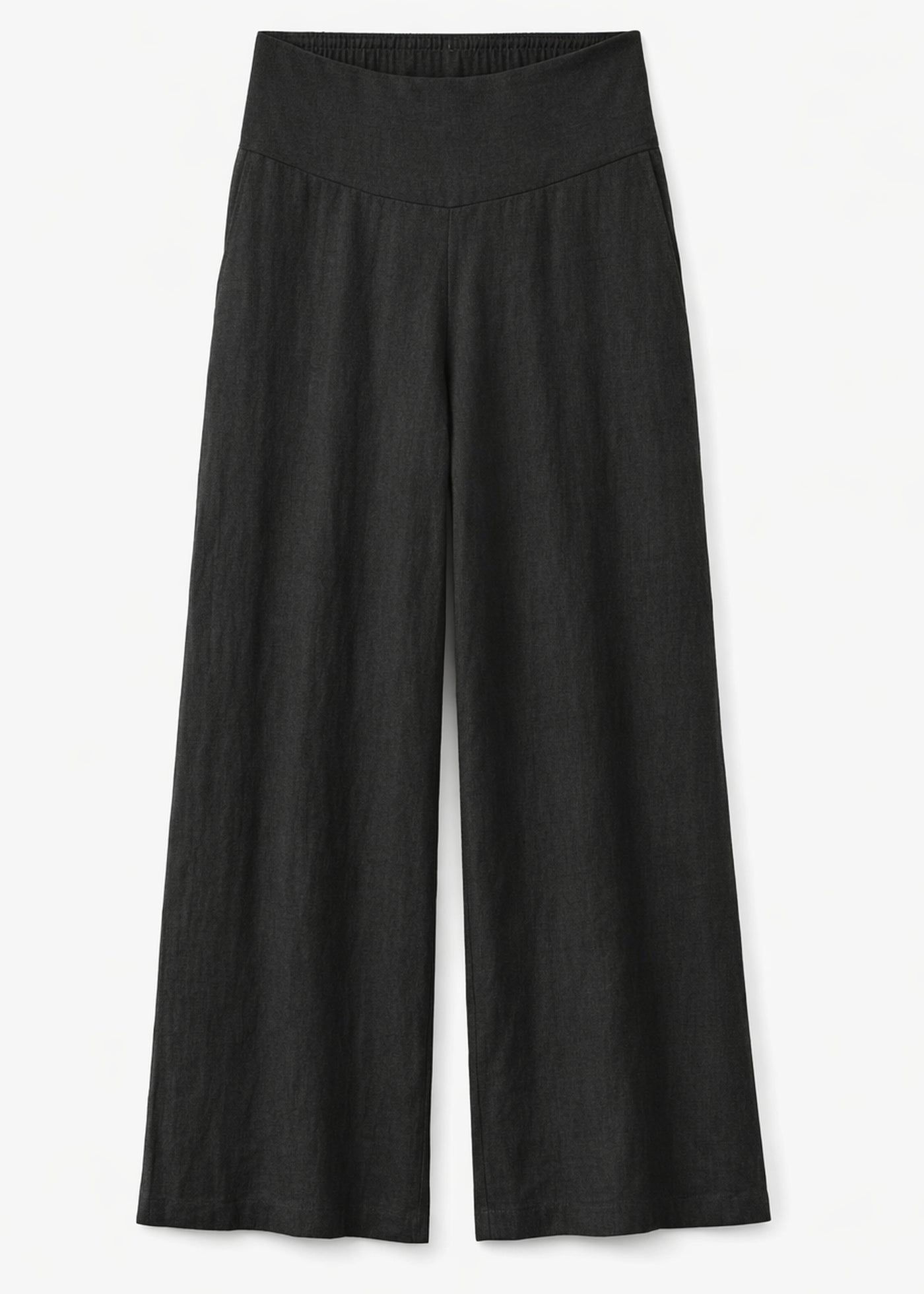 Wide-Leg Shirred-Back Pull-On Linen Trousers in Linen in Black — flat lay
