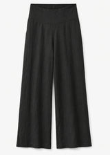 Wide-Leg Shirred-Back Pull-On Linen Trousers in Linen in Black — flat lay