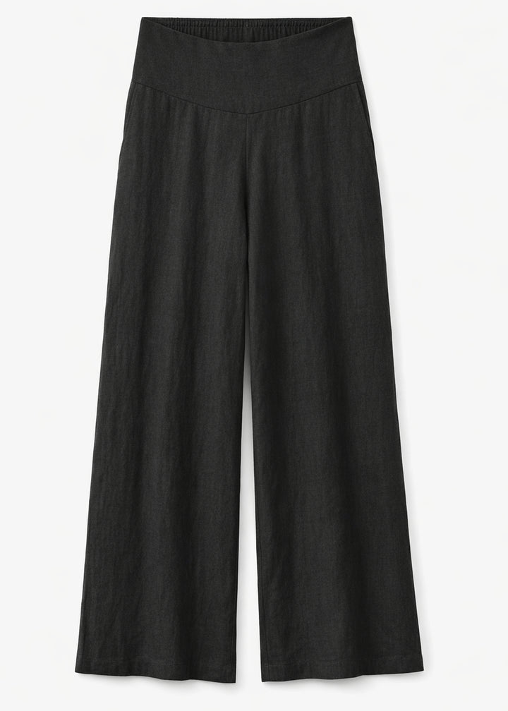 Wide-Leg Shirred-Back Pull-On Linen Trousers in Linen in Black — flat lay