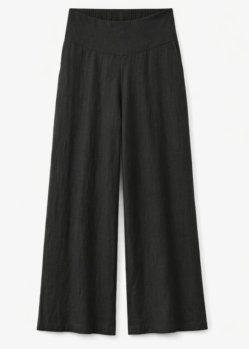Wide-Leg Shirred-Back Pull-On Linen Trousers in Linen in Black — flat lay
