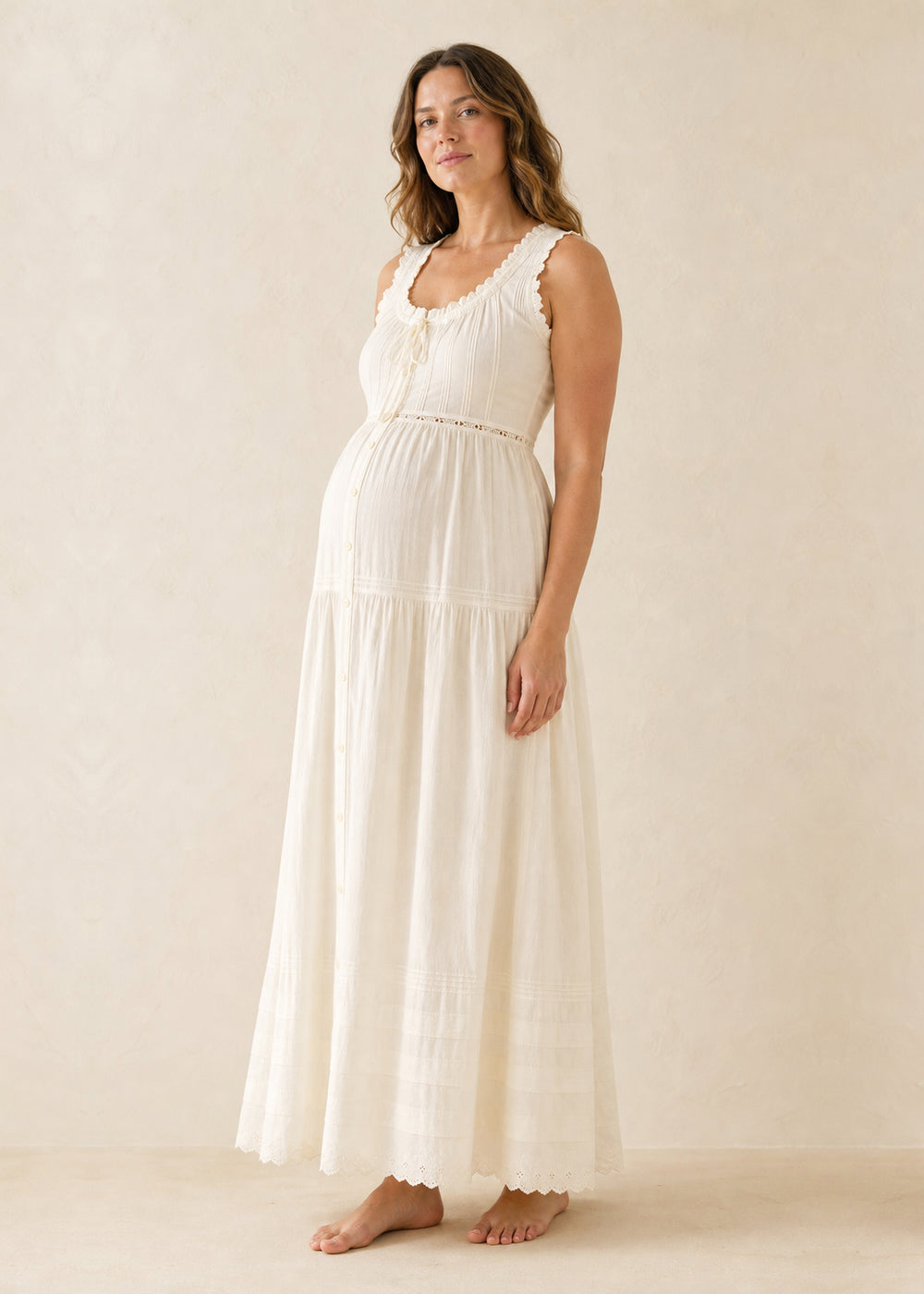 Ruched Strap Smocked Maxi Dress in Cotton in Natural — on model