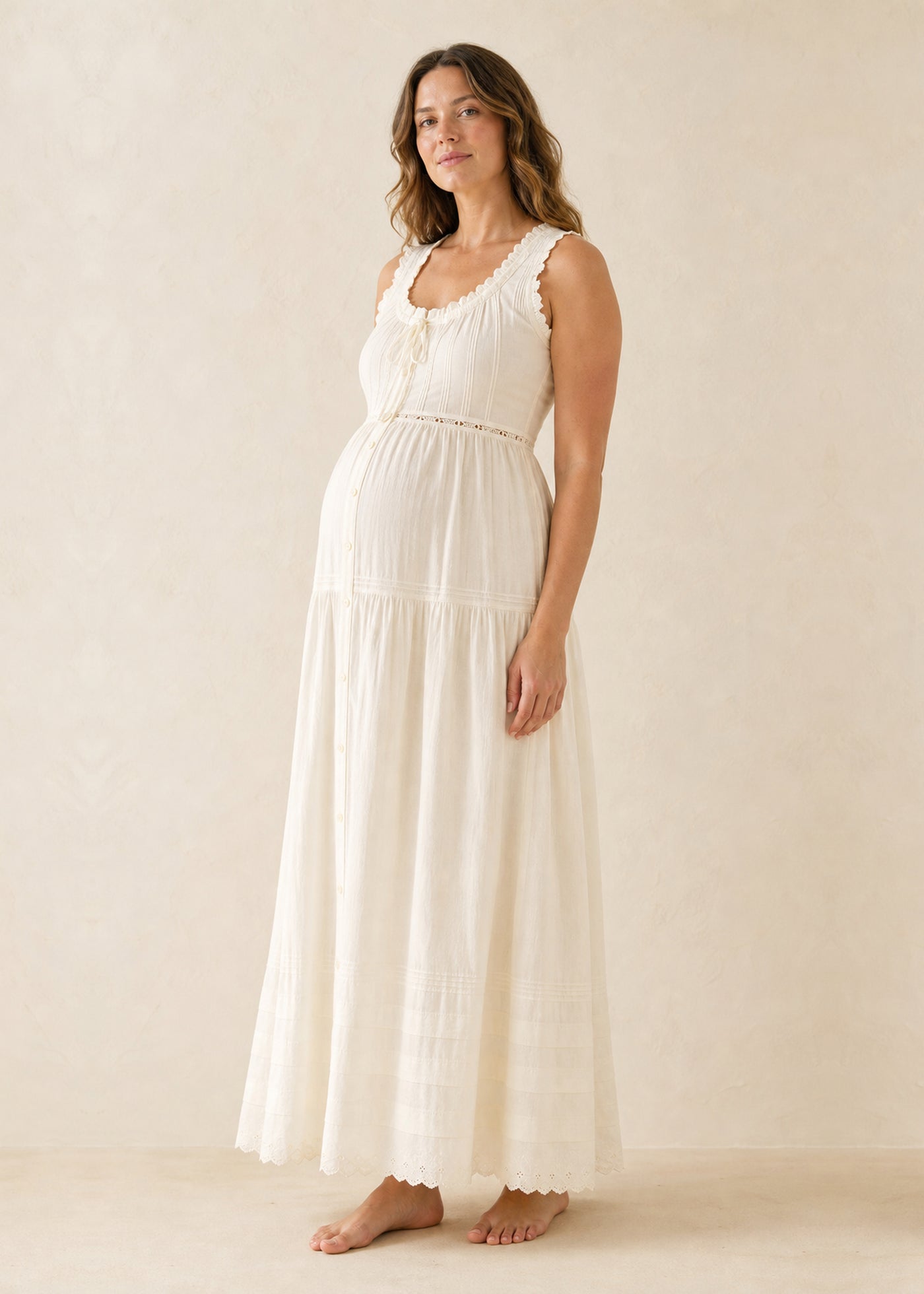 Ruched Strap Smocked Maxi Dress in Cotton in Natural — on model