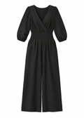 Faux-Wrap Wide-Leg Linen Jumpsuit in Linen in Black — flat lay
