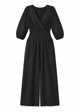 Faux-Wrap Wide-Leg Linen Jumpsuit in Linen in Black — flat lay