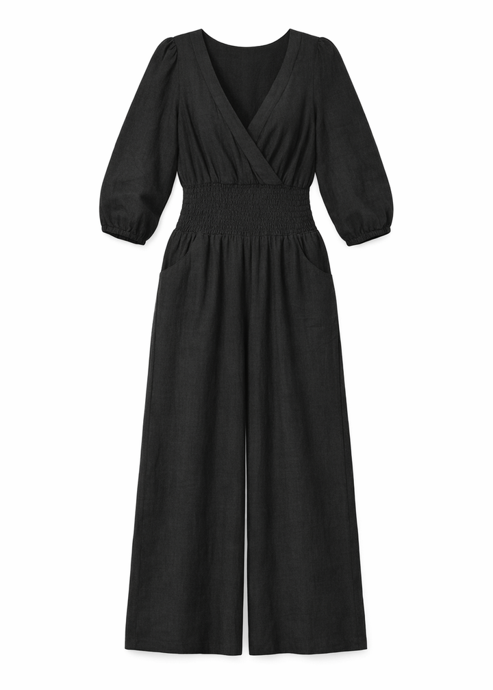 Faux-Wrap Wide-Leg Linen Jumpsuit in Linen in Black — flat lay