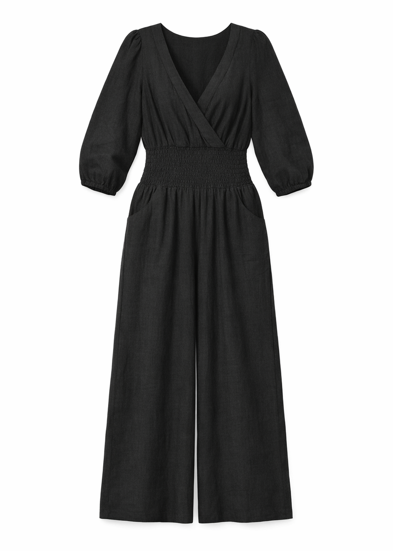 Faux-Wrap Wide-Leg Linen Jumpsuit in Linen in Black — flat lay