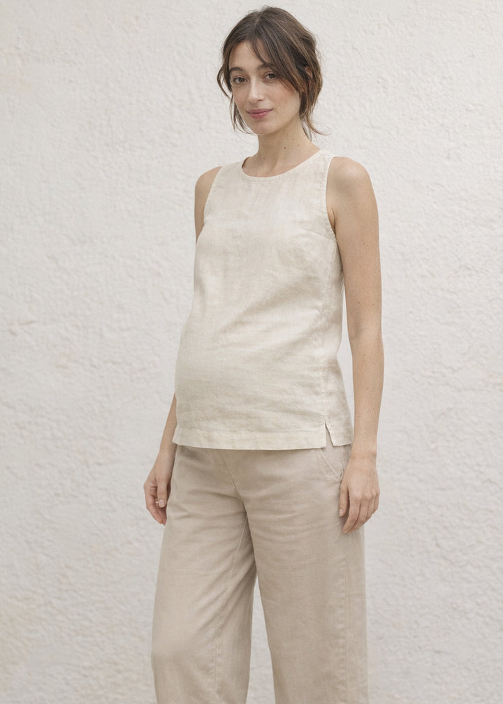 High-Neck Sleeveless Darted Linen Top in Linen in Natural — on model