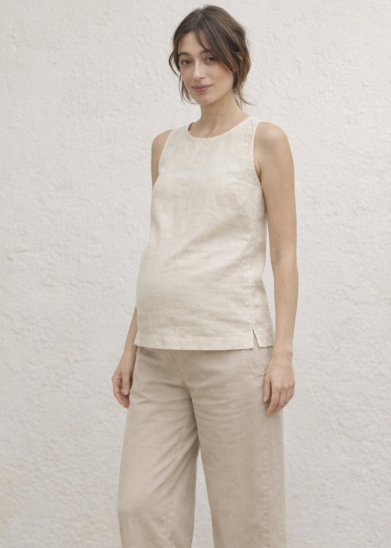 High-Neck Sleeveless Darted Linen Top in Linen in Natural — on model