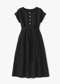 Belted Button-Front Linen Nursing Midi Dress in Linen in Black — flat lay