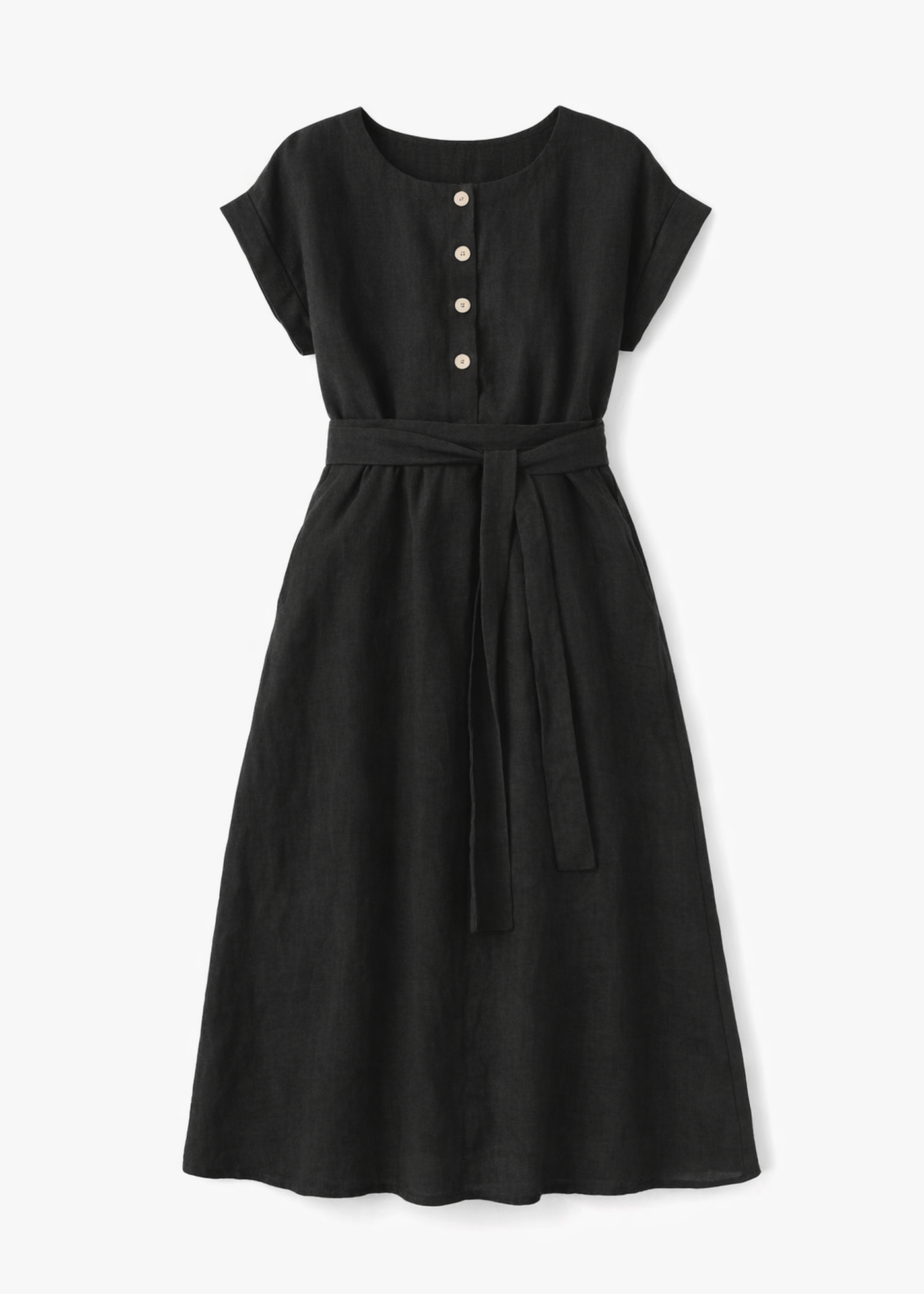 Belted Button-Front Linen Nursing Midi Dress in Linen in Black — flat lay