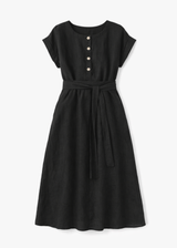 Belted Button-Front Linen Nursing Midi Dress in Linen in Black — flat lay