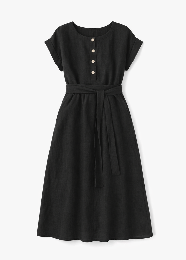 Belted Button-Front Linen Nursing Midi Dress in Linen in Black — flat lay