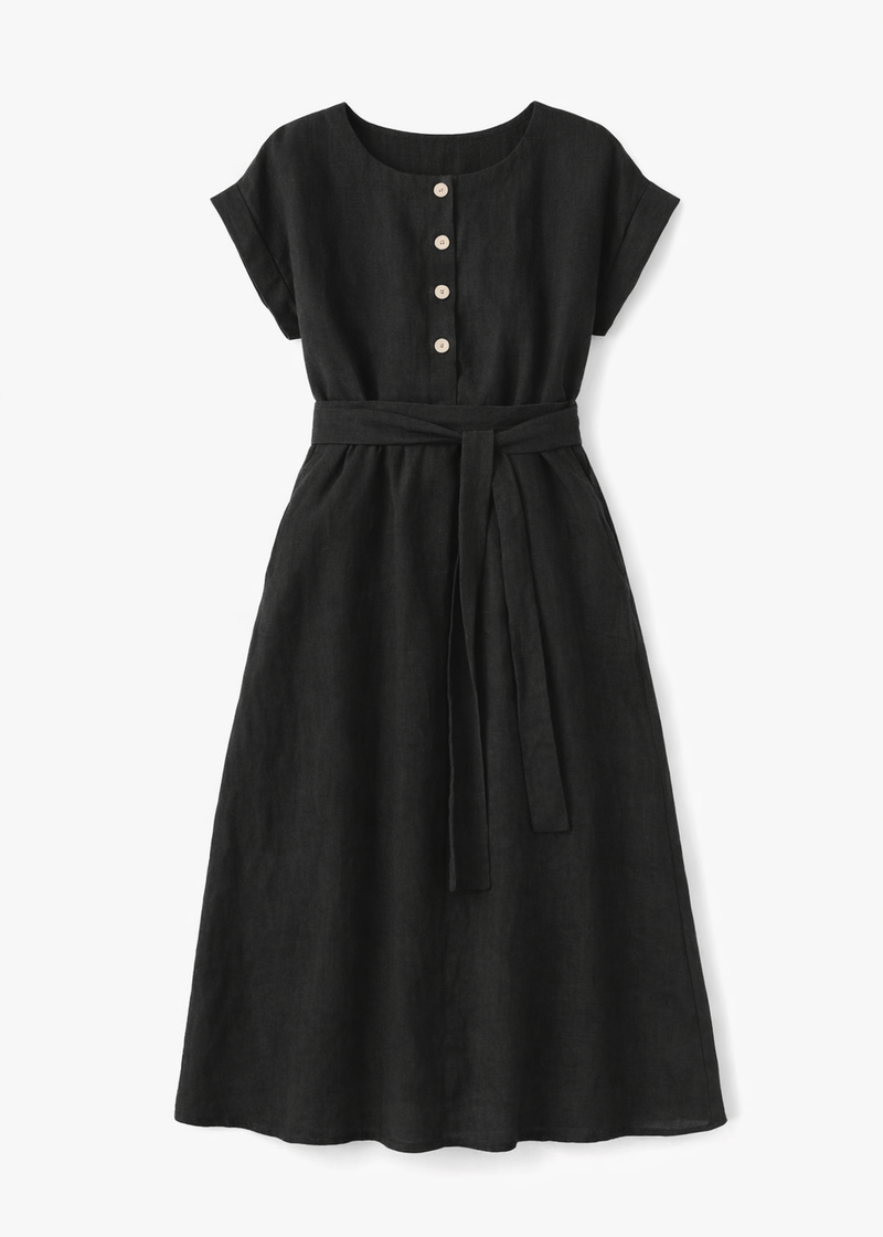 Belted Button-Front Linen Nursing Midi Dress in Linen in Black — flat lay