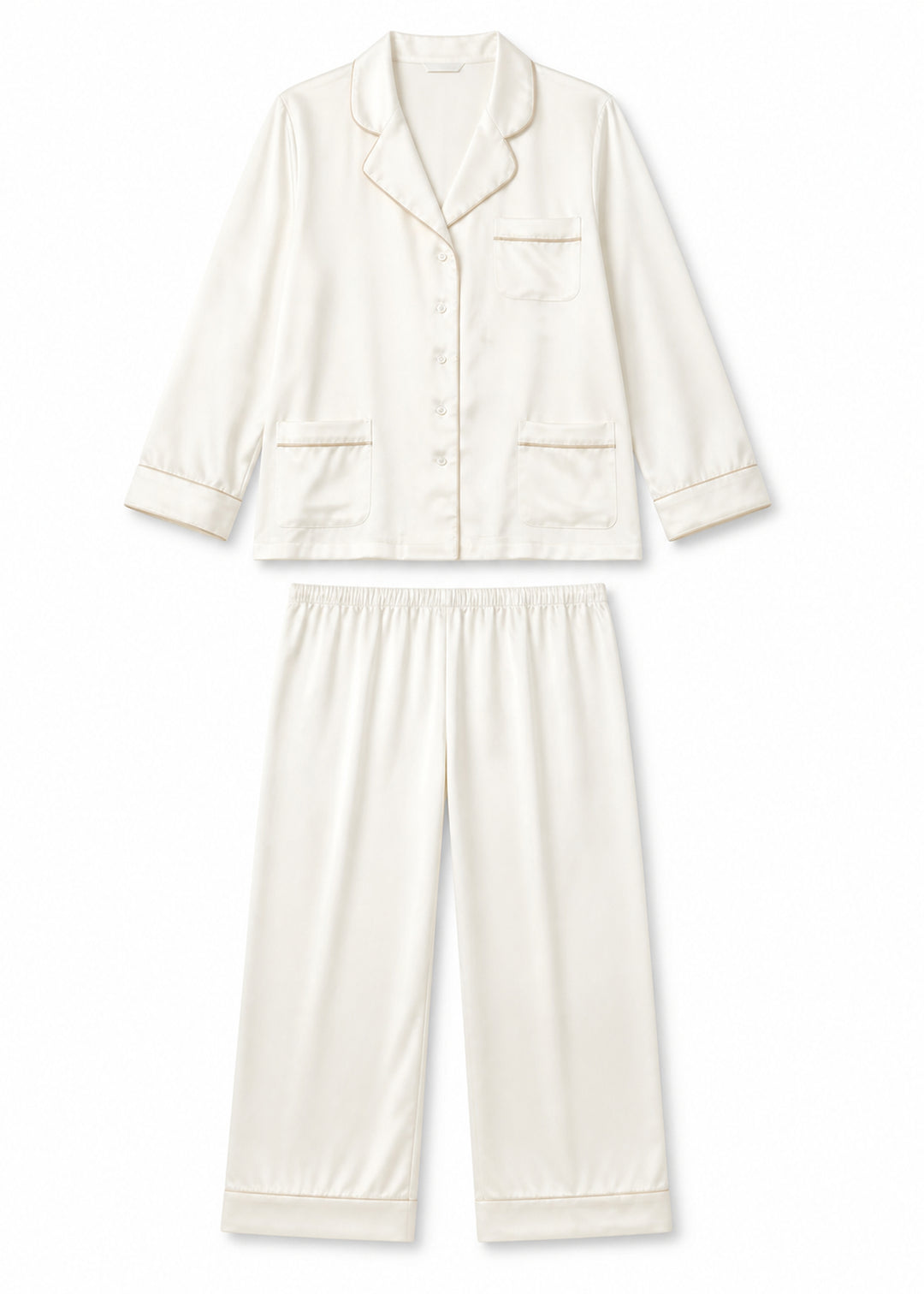Notch-Collar Satin Pajama Set in White - flat lay