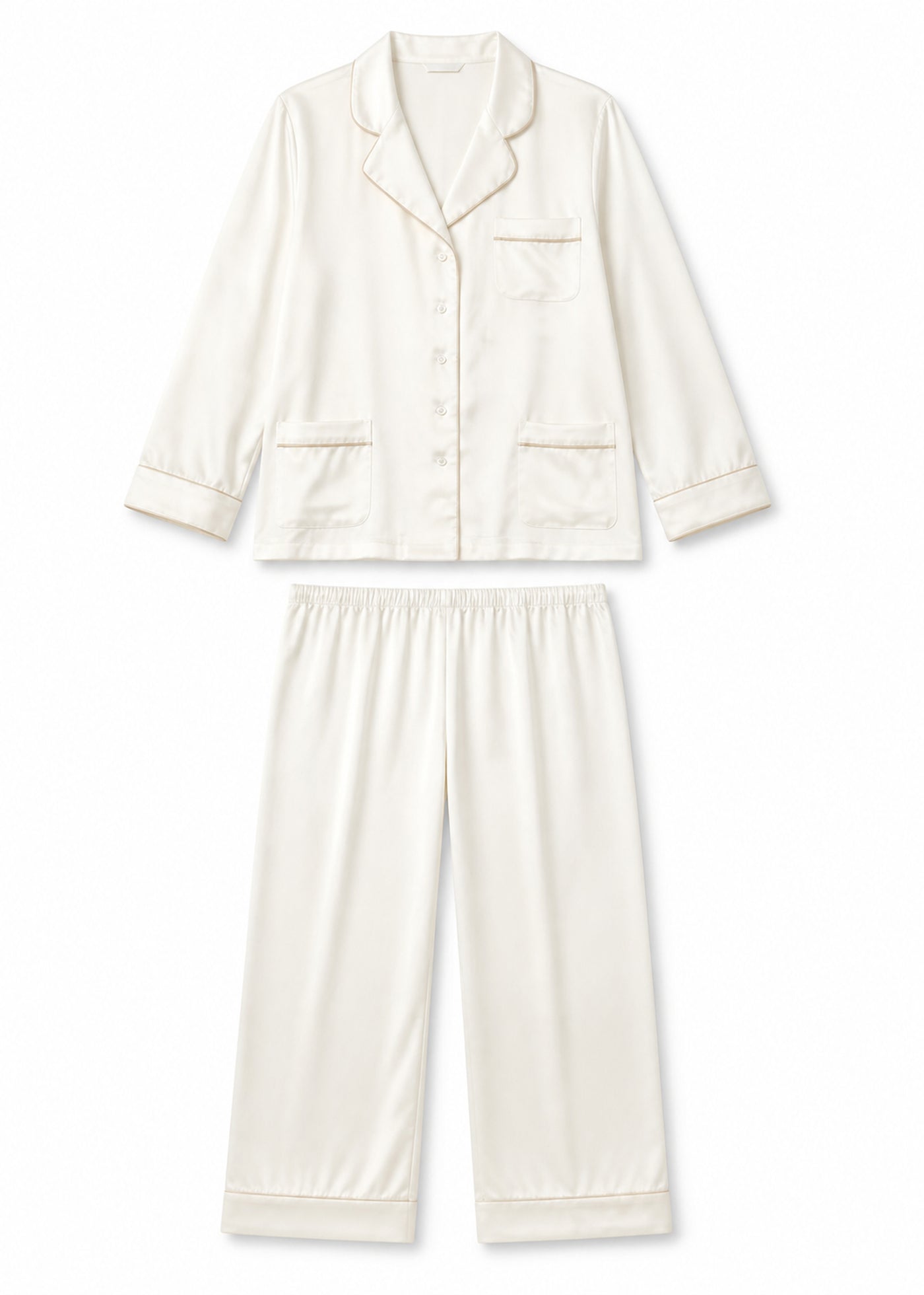 Notch-Collar Satin Pajama Set in White - flat lay