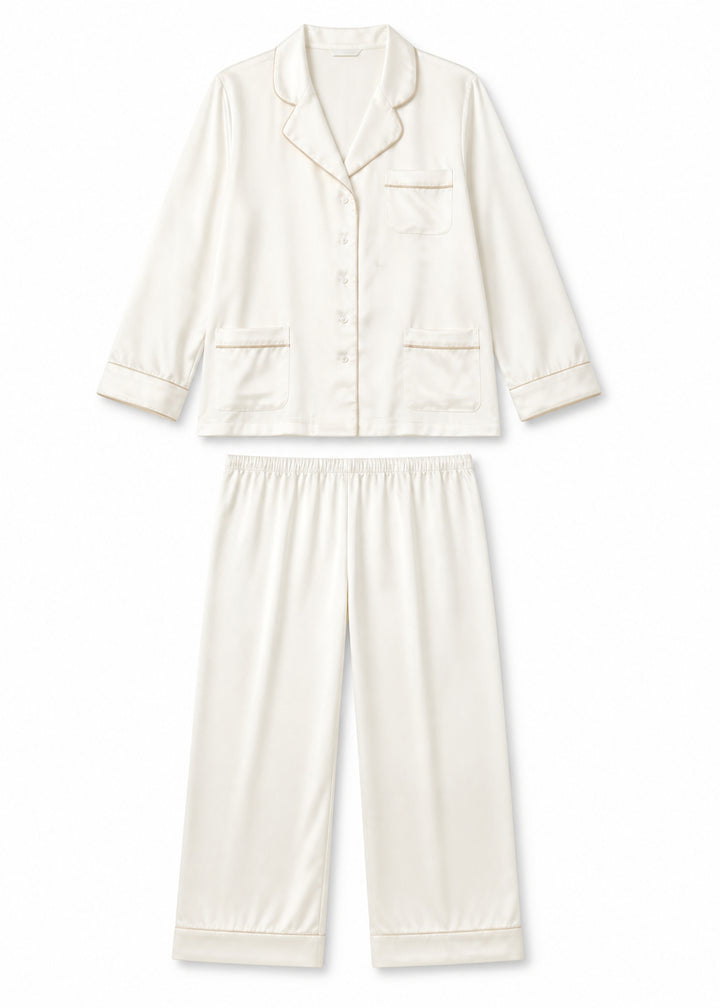 Notch-Collar Satin Pajama Set in White - flat lay