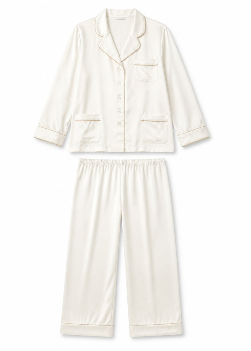 Notch-Collar Satin Pajama Set in White - flat lay
