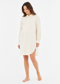 Gingham Long-Sleeve Shirt Dress in Linen in Natural — on model