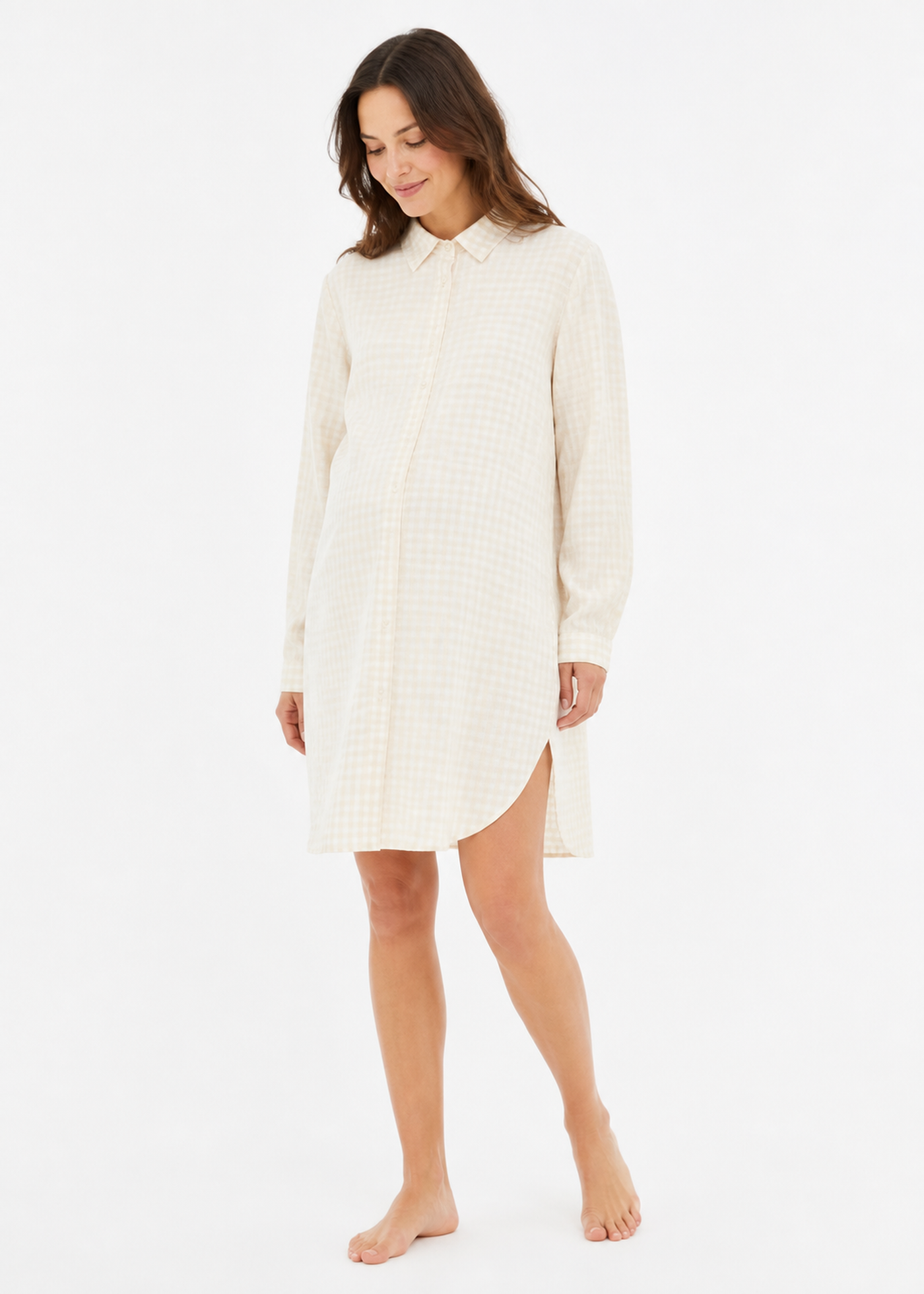 Gingham Long-Sleeve Shirt Dress in Linen in Natural — on model