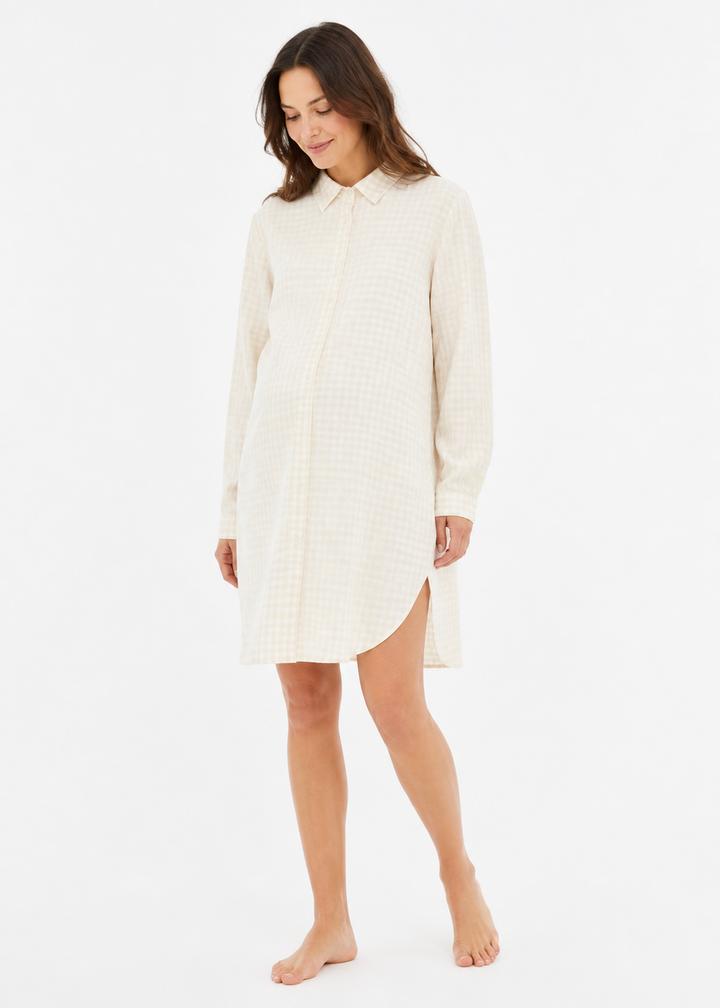 Gingham Long-Sleeve Shirt Dress in Linen in Natural — on model