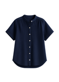 Navy blue cotton gauze button-down top with short sleeves and a band collar.