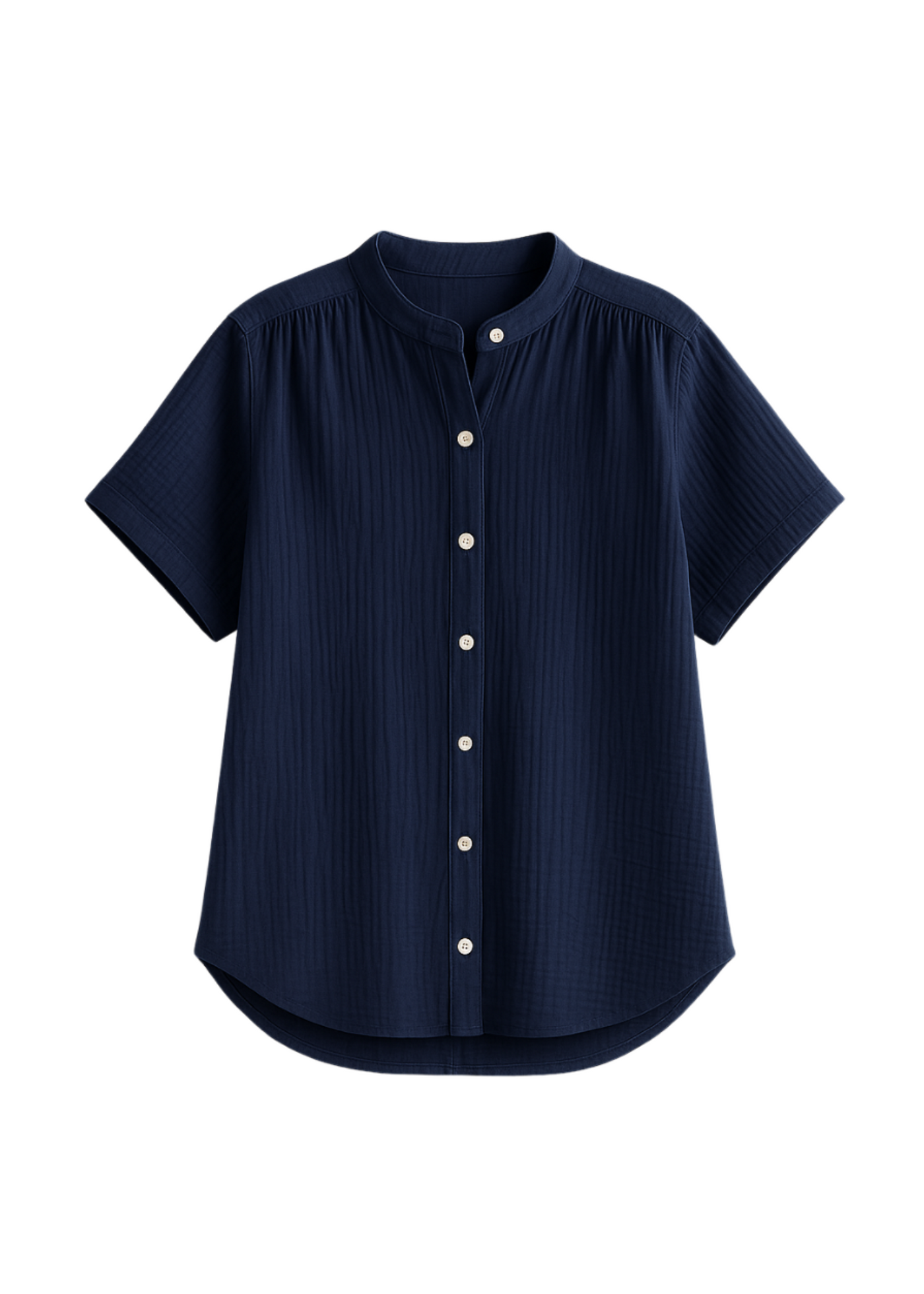 Navy blue cotton gauze button-down top with short sleeves and a band collar.