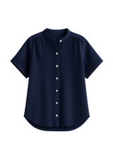 Navy blue cotton gauze button-down top with short sleeves and a band collar.