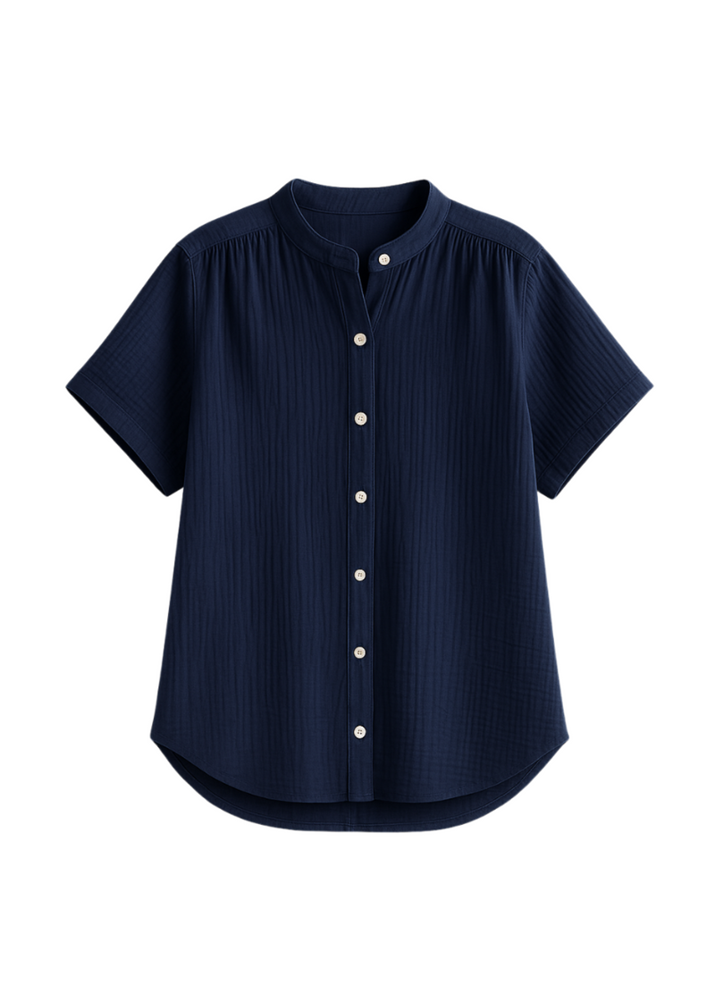 Navy blue cotton gauze button-down top with short sleeves and a band collar.