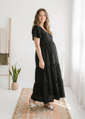 Flutter-Sleeve Tiered Linen Maxi Dress in Linen in Black — on model