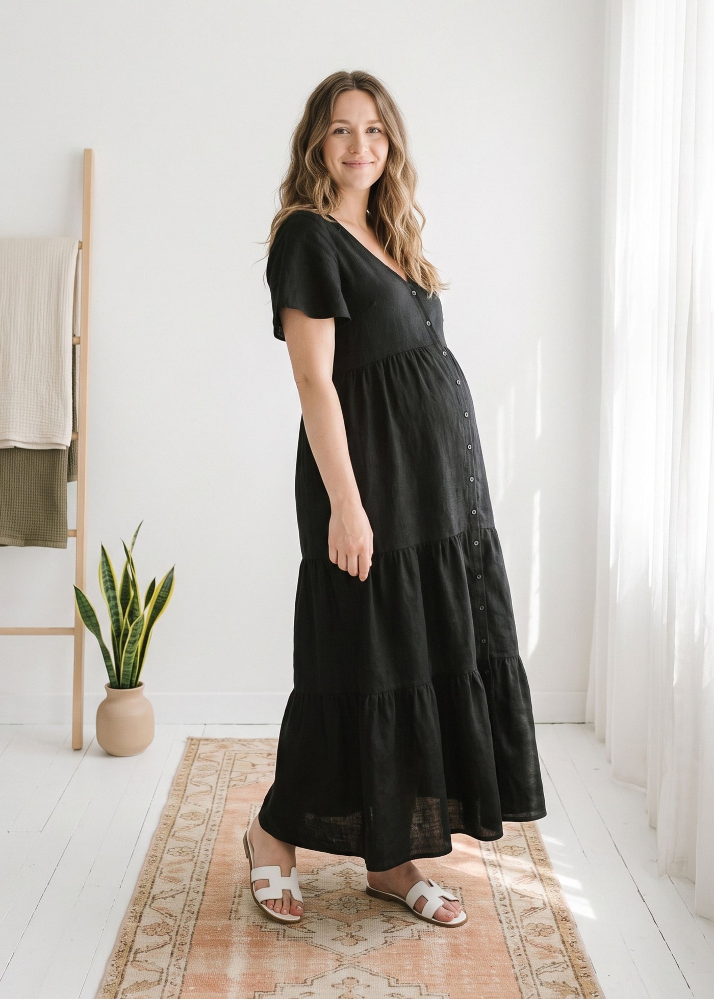 Flutter-Sleeve Tiered Linen Maxi Dress in Linen in Black — on model