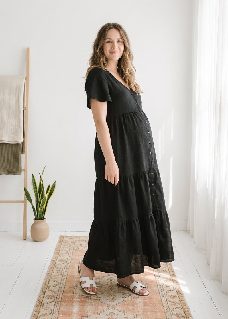 Flutter-Sleeve Tiered Linen Maxi Dress in Linen in Black — on model