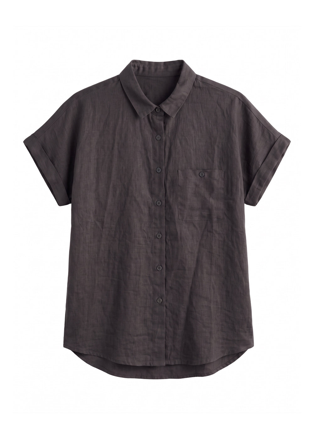 Nora Camp Shirt in ebony sandwashed linen, flat lay with point collar, chest pocket and cuffed short sleeves.