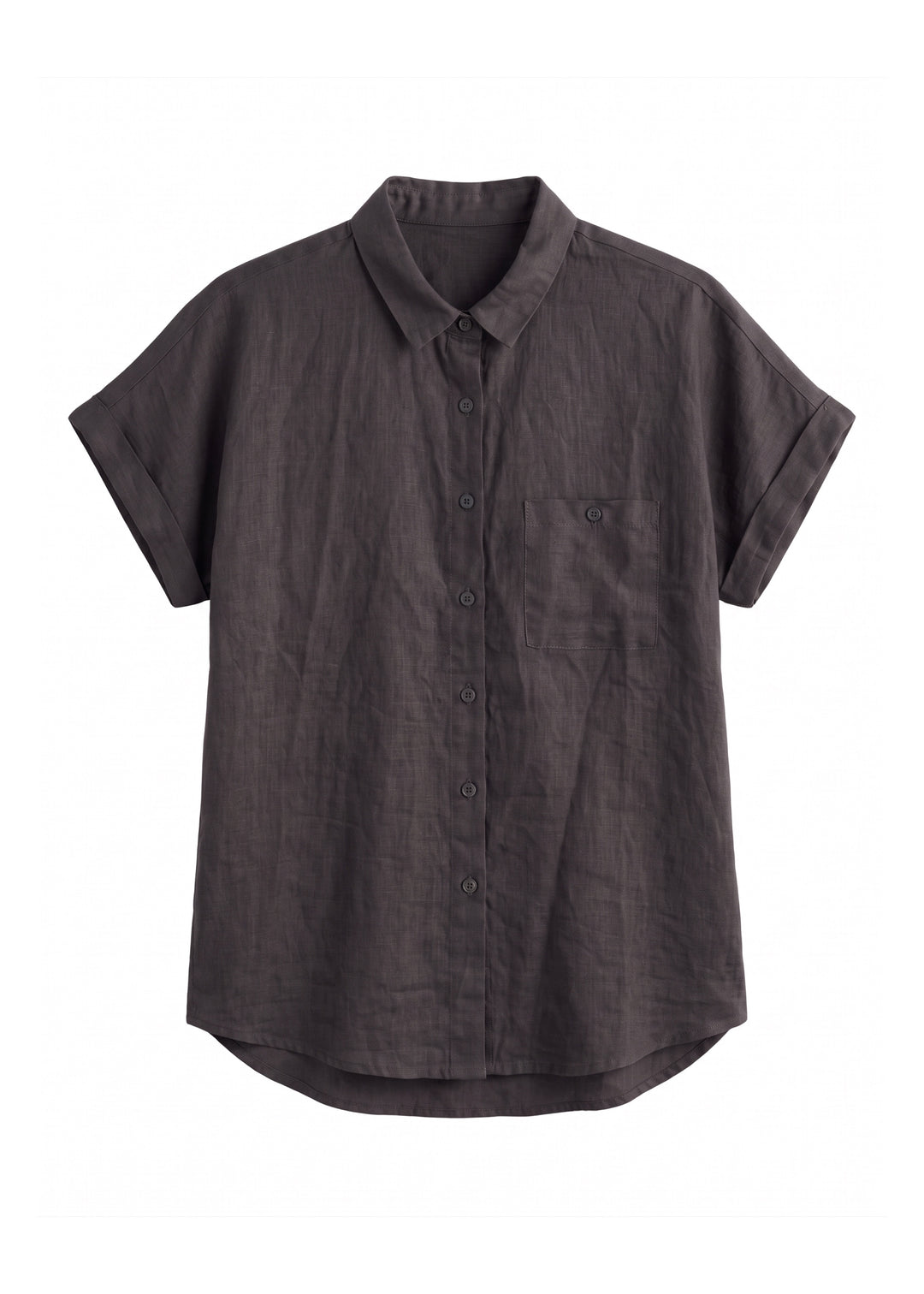 Nora Camp Shirt in ebony sandwashed linen, flat lay with point collar, chest pocket and cuffed short sleeves.