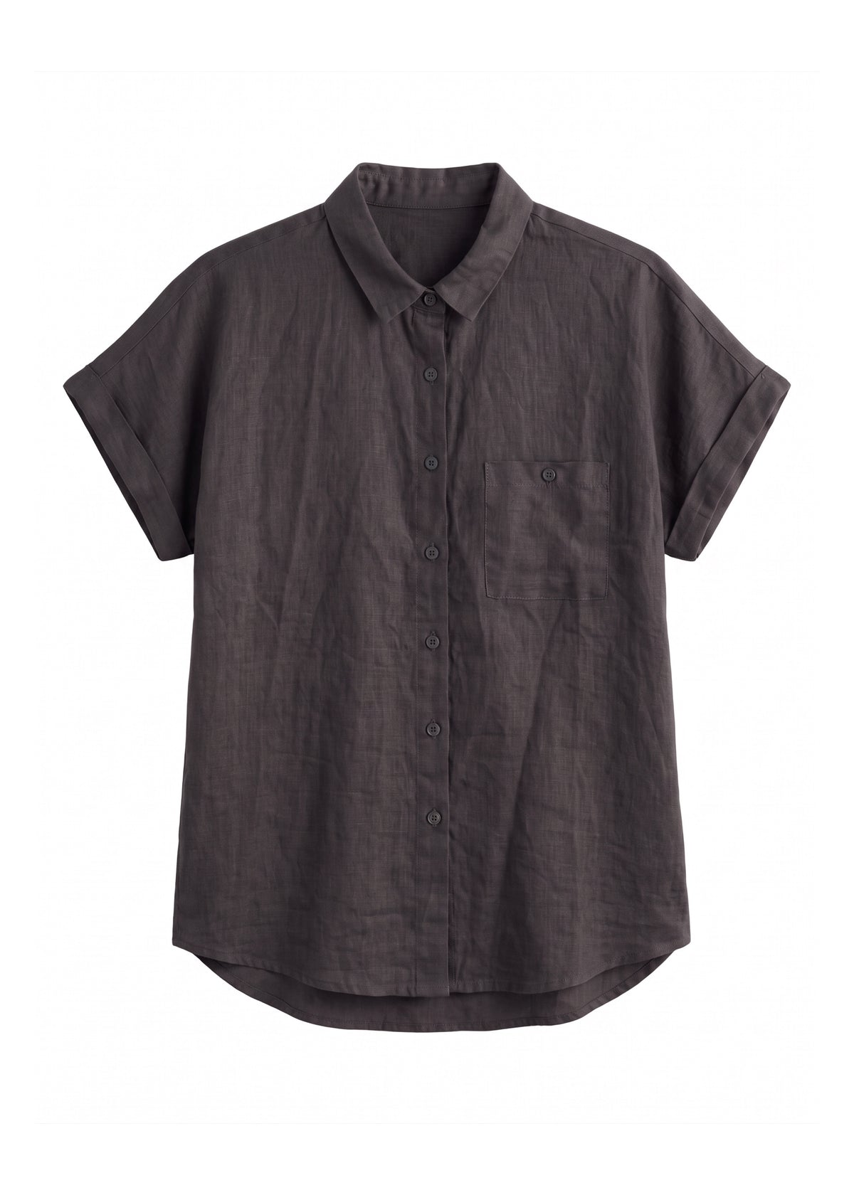 Nora Camp Shirt in ebony sandwashed linen, flat lay with point collar, chest pocket and cuffed short sleeves.