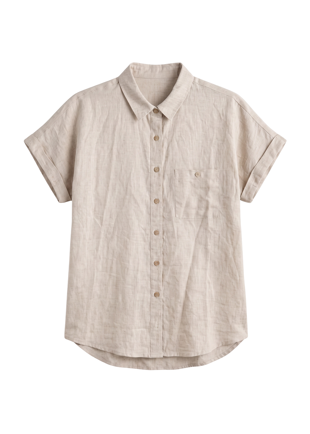 Nora Camp Shirt in natural sandwashed linen, flat lay with point collar, chest pocket and cuffed short sleeves.
