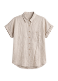 Nora Camp Shirt in natural sandwashed linen, flat lay with point collar, chest pocket and cuffed short sleeves.