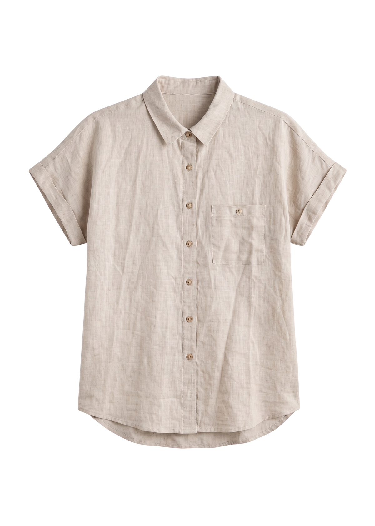 Nora Camp Shirt in natural sandwashed linen, flat lay with point collar, chest pocket and cuffed short sleeves.