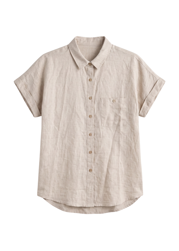 Nora Camp Shirt in natural sandwashed linen, flat lay with point collar, chest pocket and cuffed short sleeves.