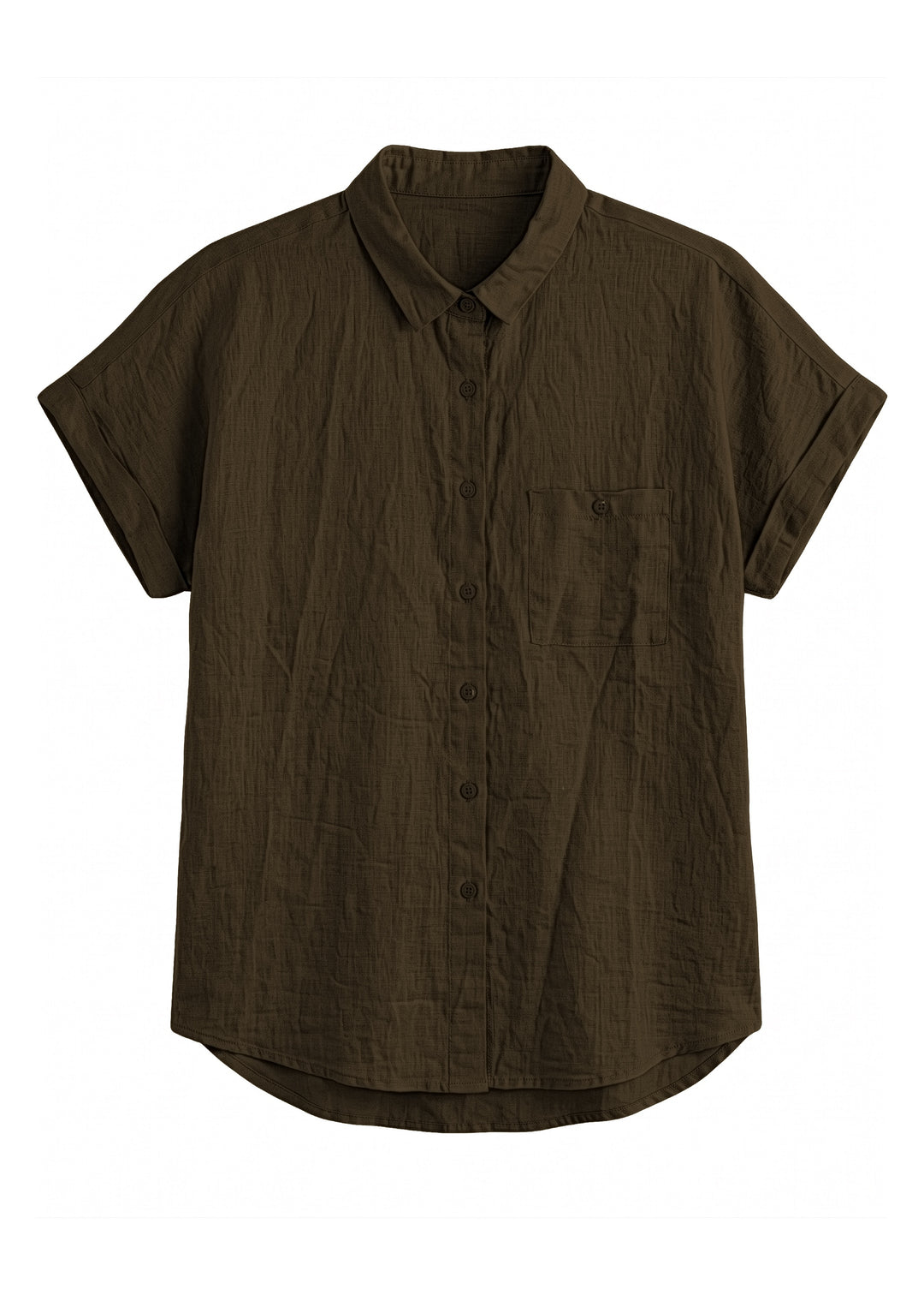 Nora Camp Shirt in olive sandwashed linen, flat lay with point collar, chest pocket and cuffed short sleeves.