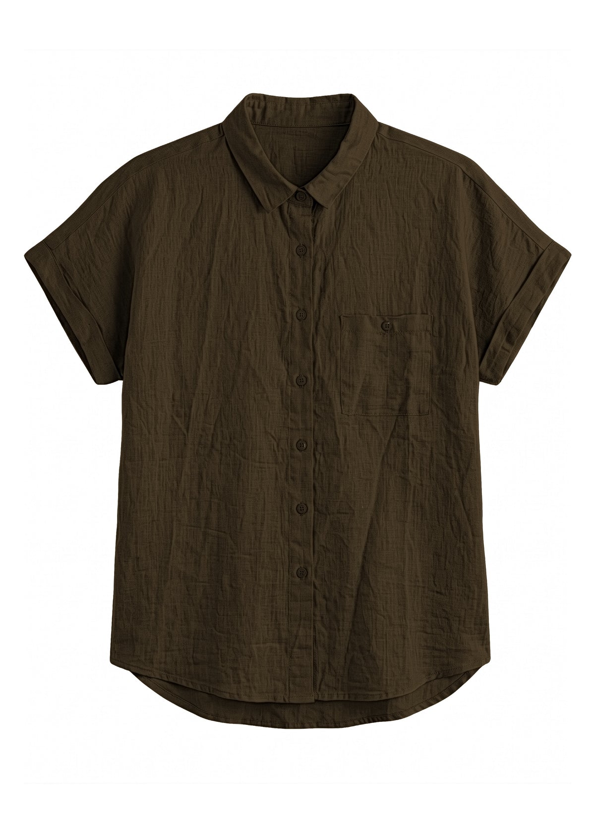 Nora Camp Shirt in olive sandwashed linen, flat lay with point collar, chest pocket and cuffed short sleeves.