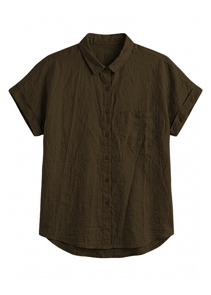 Nora Camp Shirt in olive sandwashed linen, flat lay with point collar, chest pocket and cuffed short sleeves.