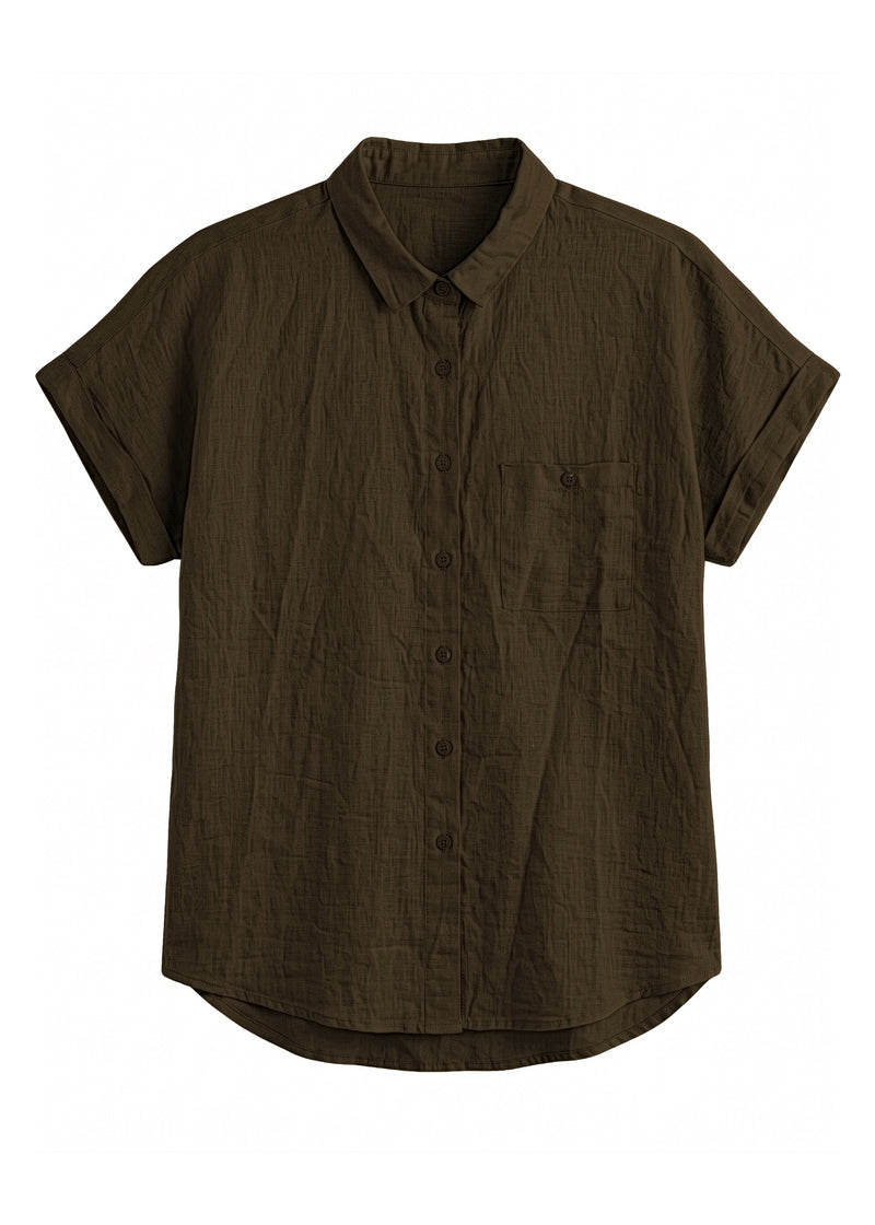 Nora Camp Shirt in olive sandwashed linen, flat lay with point collar, chest pocket and cuffed short sleeves.